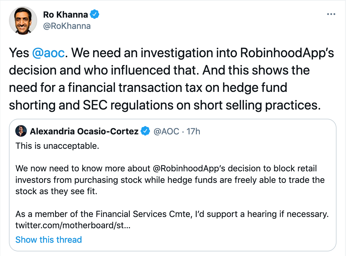 Alexandria Ocasio Cortez Calls Robinhood's Block on Trading GameStop, Other  Stocks 'Unacceptable